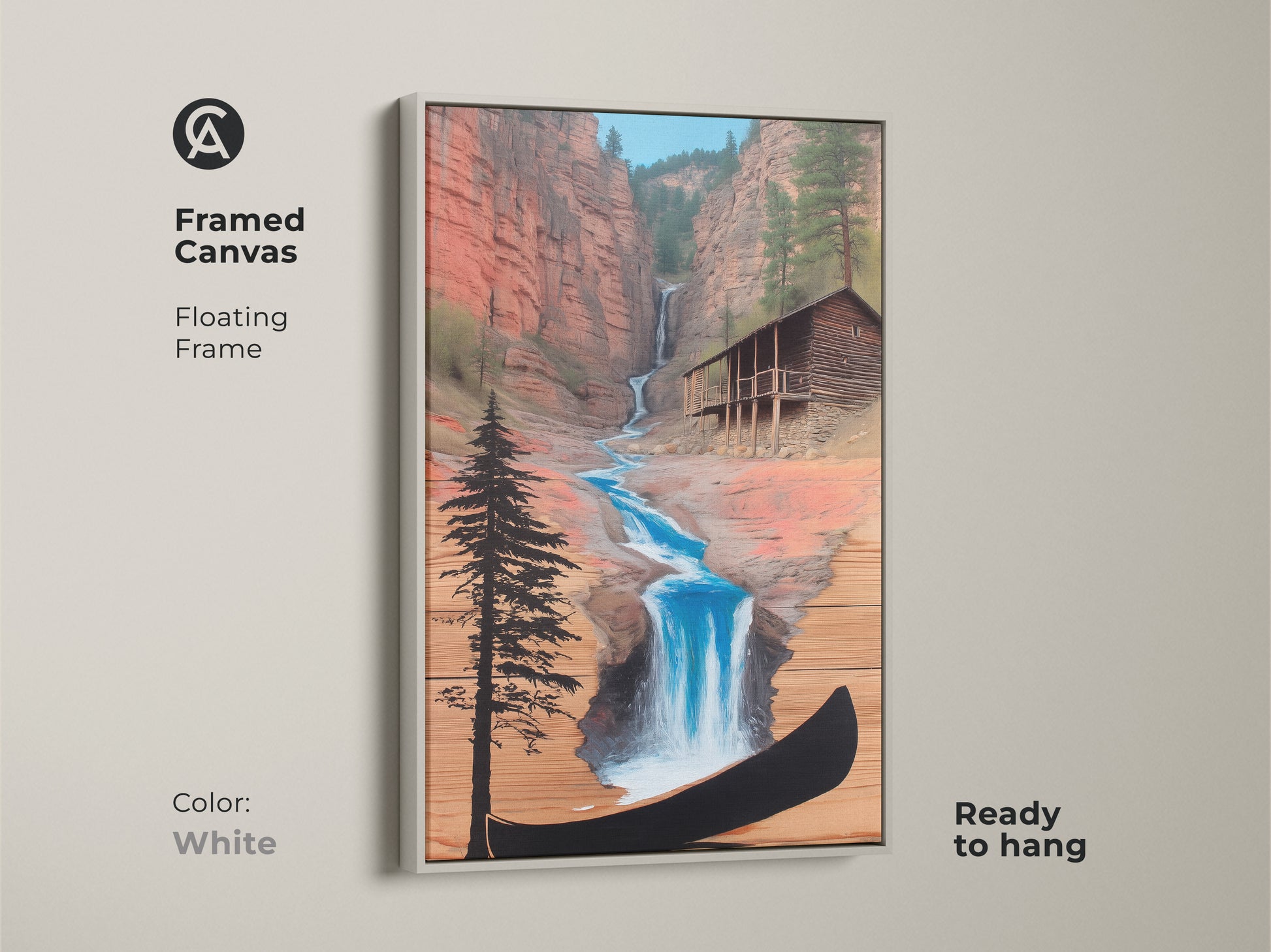 Framed Canvas of Rustic Cabin Waterfall. White floating frame showcases the rustic cabin art. A blue waterfall with a canoe creates serenity. This farmhouse gift is ready to hang and enjoy.