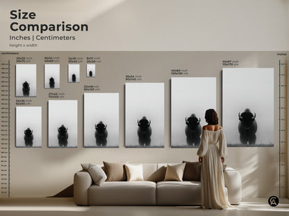 Size comparison for minimalist bison art in inches and centimeters. See how the monochrome canvas fits above a sofa. Find sizes from 20x30 cm to 45x67 inches for a rustic modern touch.