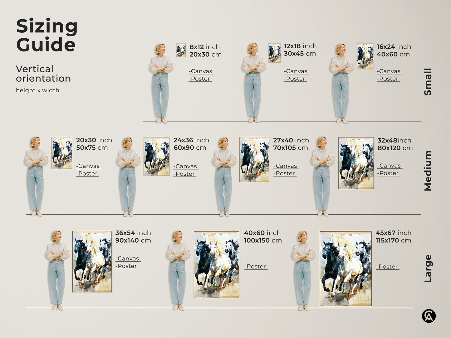Find the perfect fit with our sizing guide for this dynamic horse artwork. Visualize canvas and poster options in various vertical sizes. Discover how this black white animal artwork will transform your space. Perfect for entry hall or eclectic living room decor.