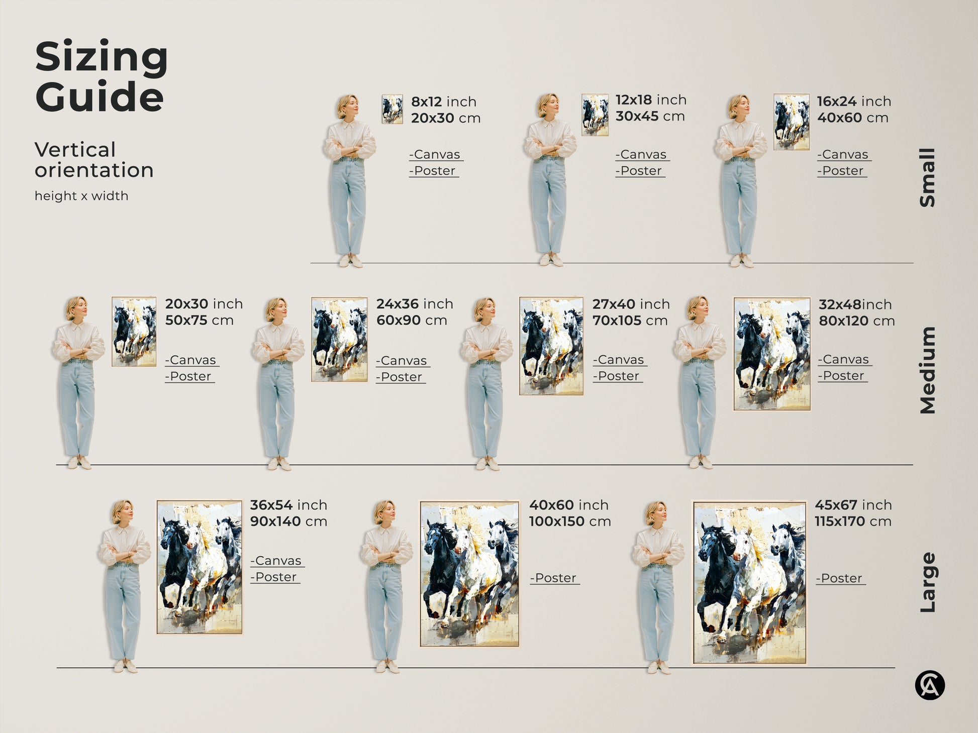 Find the perfect fit with our sizing guide for this dynamic horse artwork. Visualize canvas and poster options in various vertical sizes. Discover how this black white animal artwork will transform your space. Perfect for entry hall or eclectic living room decor.