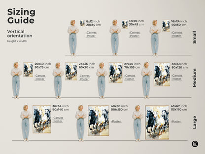 Find the perfect fit with our sizing guide for this dynamic horse artwork. Visualize canvas and poster options in various vertical sizes. Discover how this black white animal artwork will transform your space. Perfect for entry hall or eclectic living room decor.