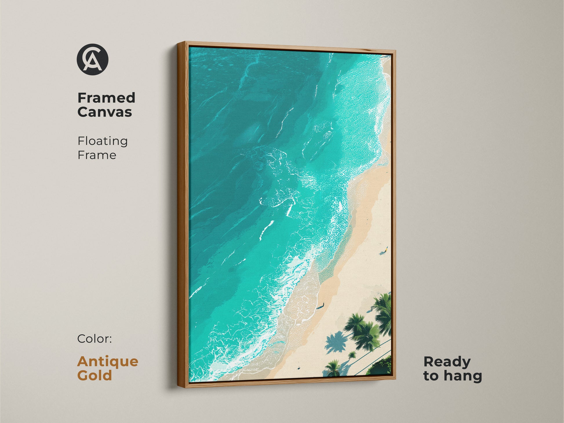 Framed canvas print featuring an aerial beach in an antique gold floating frame. The turquoise ocean glistens in the sunlight. The palm trees offer shade on the white sand. This artwork is ready to hang. It adds a touch of elegance to any room.