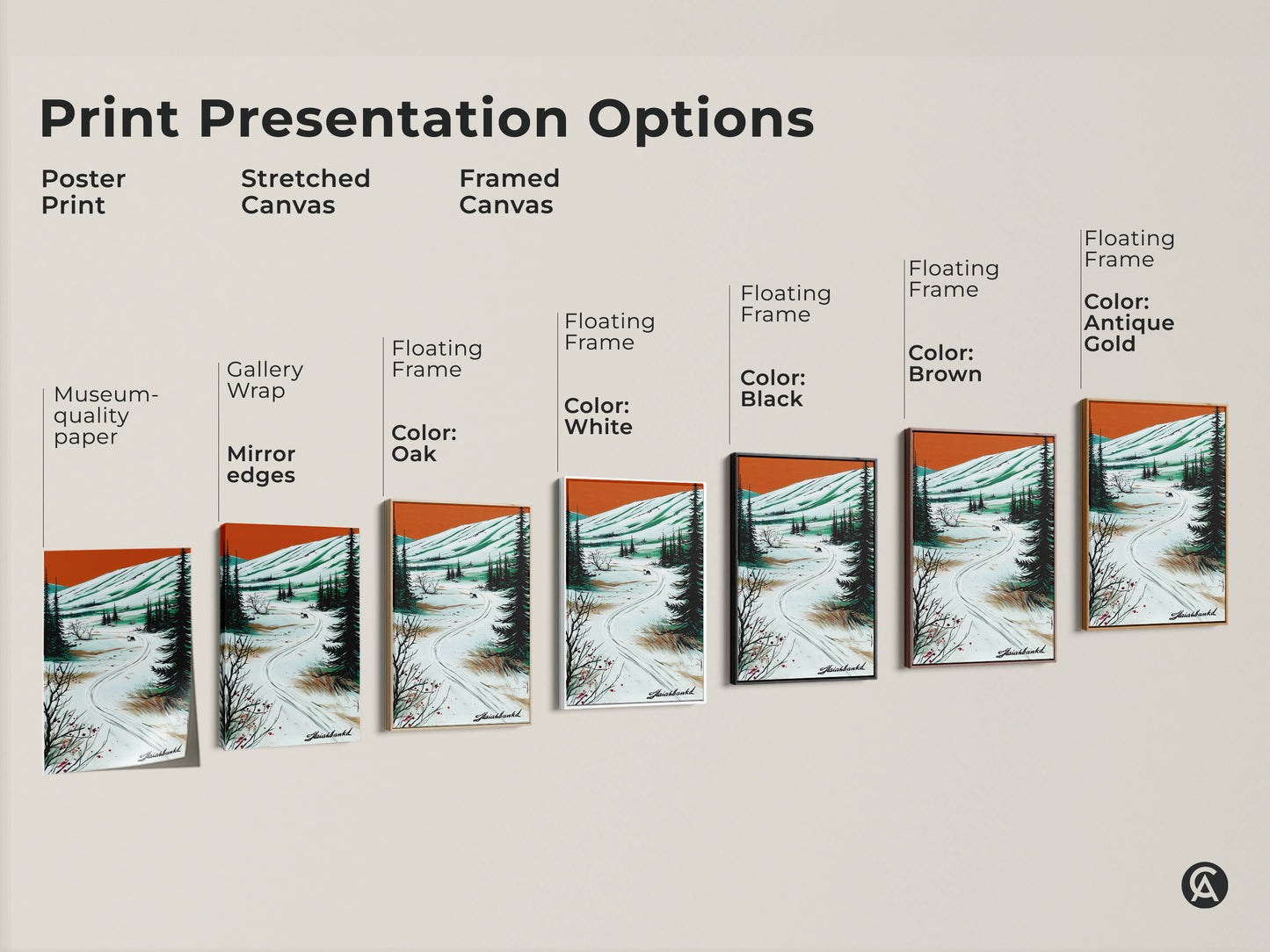 Print presentation options showcasing the winter wolf canvas art. Choose from poster print stretched canvas or framed canvas. Perfect for creating a cozy rustic atmosphere with this wildlife artwork in orange green and white.
