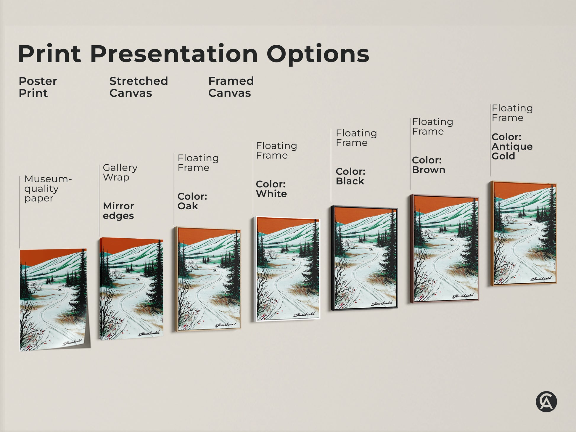 Print presentation options showcasing the winter wolf canvas art. Choose from poster print stretched canvas or framed canvas. Perfect for creating a cozy rustic atmosphere with this wildlife artwork in orange green and white.