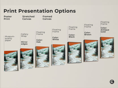 Print presentation options showcasing the winter wolf canvas art. Choose from poster print stretched canvas or framed canvas. Perfect for creating a cozy rustic atmosphere with this wildlife artwork in orange green and white.