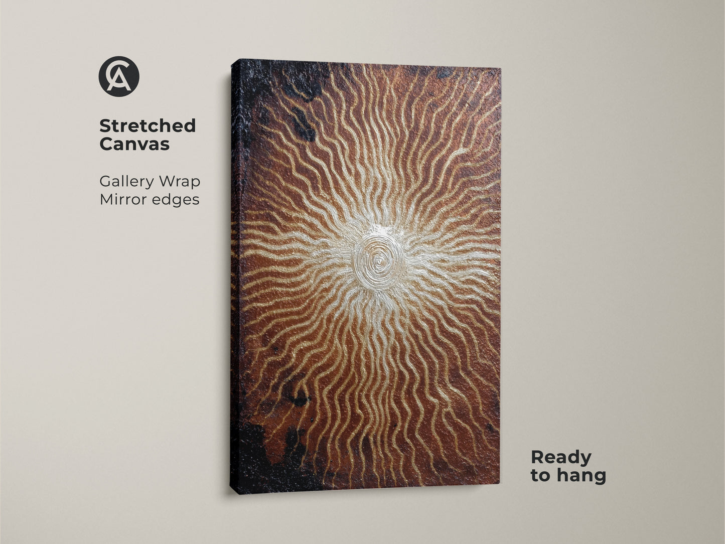 Stretched canvas of a bronze gold abstract spiral. The sunburst artwork features a gallery wrap with mirrored edges. Ready to hang this textured piece will add modern eclectic flair. It makes a thoughtful gift for art collectors.