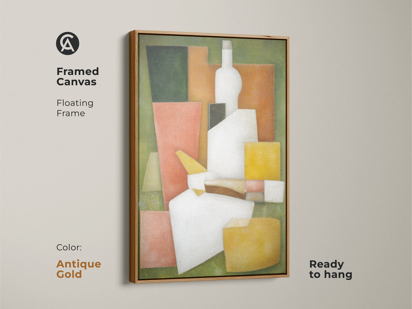 Framed canvas showcasing a floating frame in antique gold. This modern cubist still life print is ready to hang. The geometric bottle artwork features green white and orange. It is a stylish and sophisticated piece for any room.