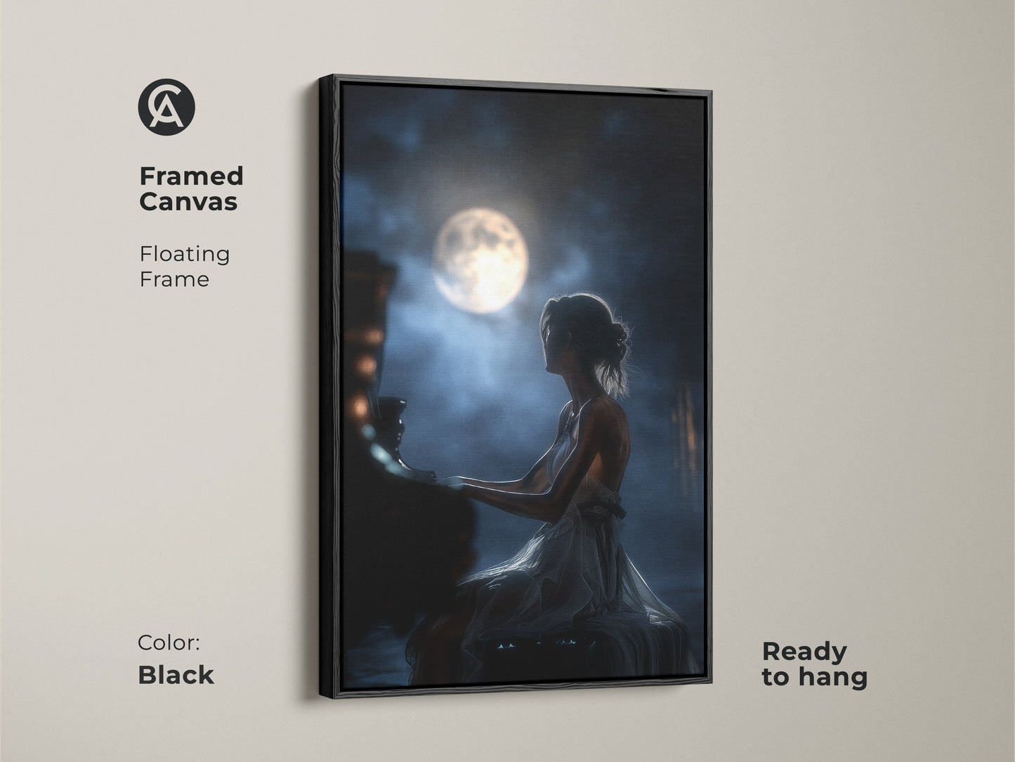 Elevate your decor with this framed canvas featuring a woman playing piano under the moon. The floating frame adds a touch of sophistication. This black framed art is ready to hang and complements any room. Perfect for those seeking romantic music art and elegant night sky art.