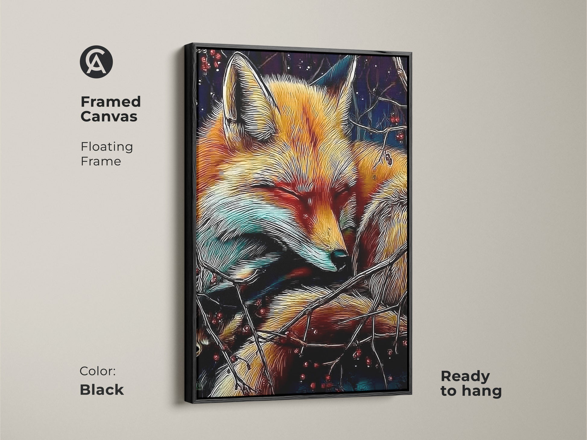 A framed canvas presents the sleeping fox artwork. It has a floating frame that comes in black. This wildlife artwork would add a cozy autumn touch. It is a rich color animal art. It can be a unique gift for nature lover. Get yours today.