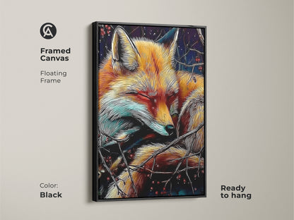 A framed canvas presents the sleeping fox artwork. It has a floating frame that comes in black. This wildlife artwork would add a cozy autumn touch. It is a rich color animal art. It can be a unique gift for nature lover. Get yours today.