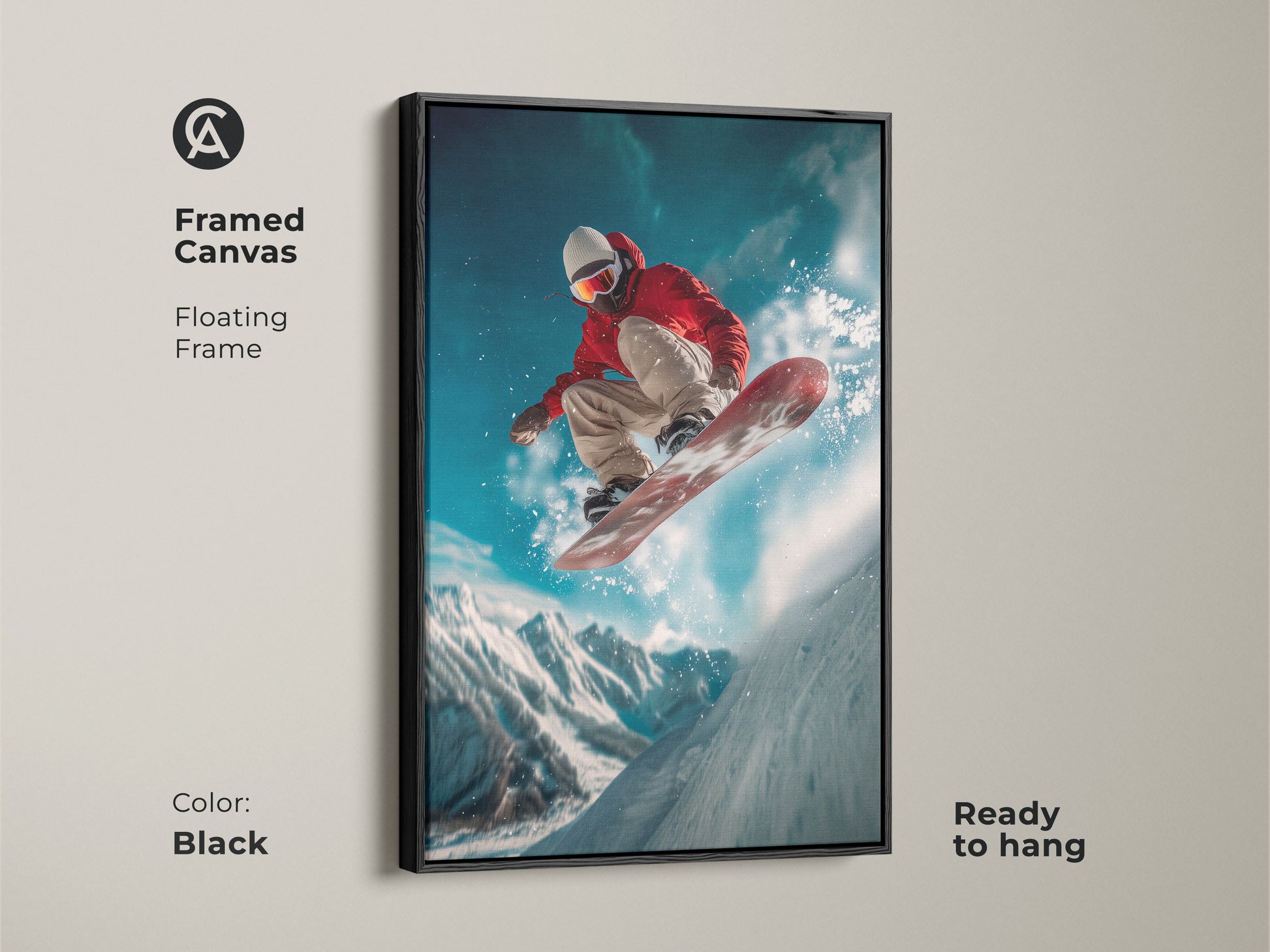 Framed canvas featuring a snowboarder in mid-air. The floating frame adds a touch of elegance to this sporty artwork. This ready-to-hang piece is perfect for action sports enthusiasts. Enhance your home decor with this framed art print. The black frame complements any room