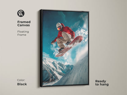 Framed canvas featuring a snowboarder in mid-air. The floating frame adds a touch of elegance to this sporty artwork. This ready-to-hang piece is perfect for action sports enthusiasts. Enhance your home decor with this framed art print. The black frame complements any room