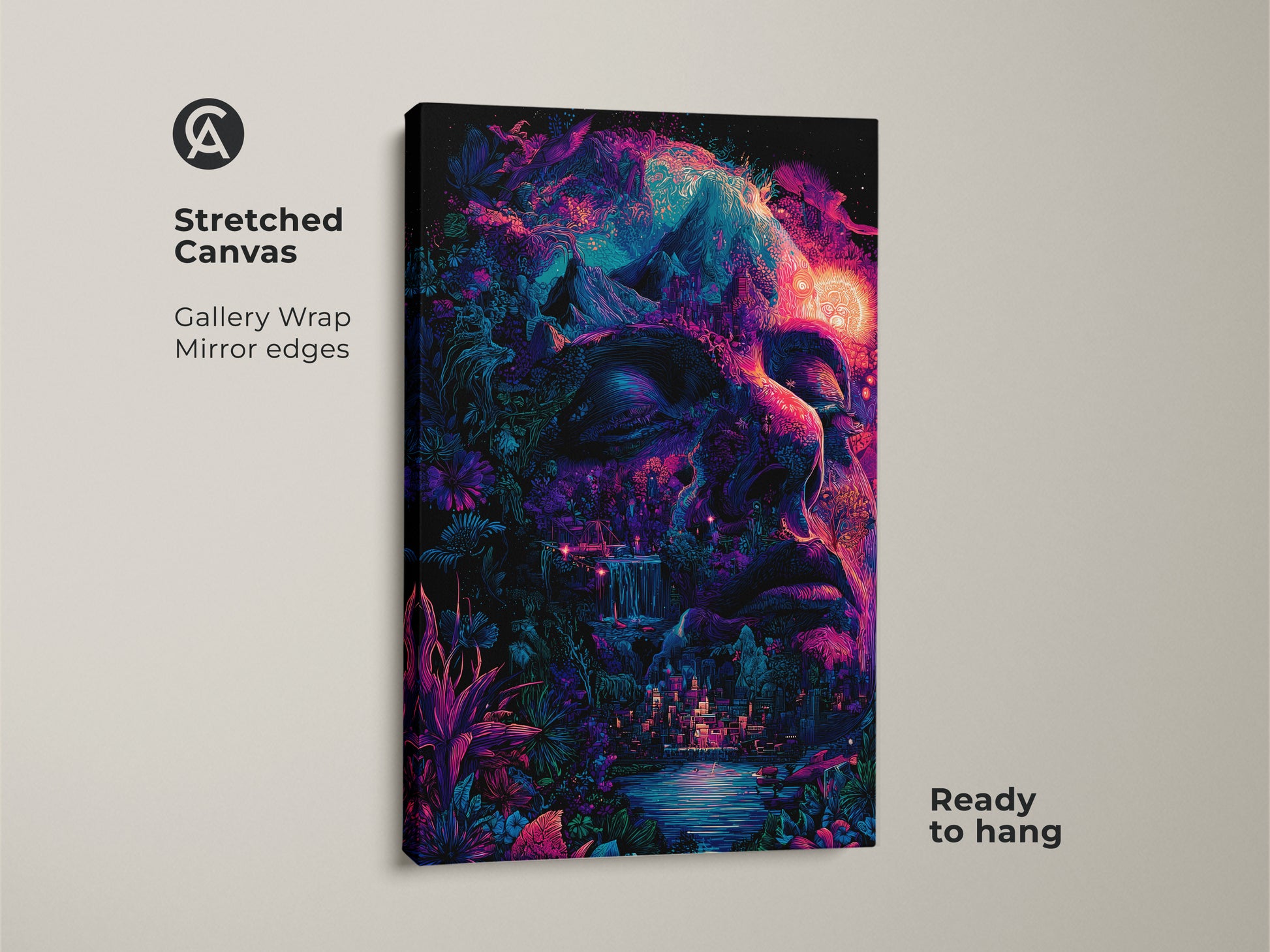 Stretched canvas art with gallery wrap and mirror edges. The psychedelic artwork shows a face blended with nature. Vivid colors and intricate details make it a captivating piece. Ready to hang and transform your space with this stunning canvas art.