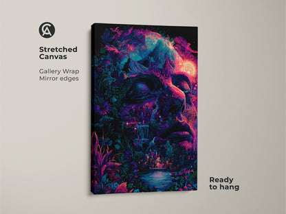 Stretched canvas art with gallery wrap and mirror edges. The psychedelic artwork shows a face blended with nature. Vivid colors and intricate details make it a captivating piece. Ready to hang and transform your space with this stunning canvas art.
