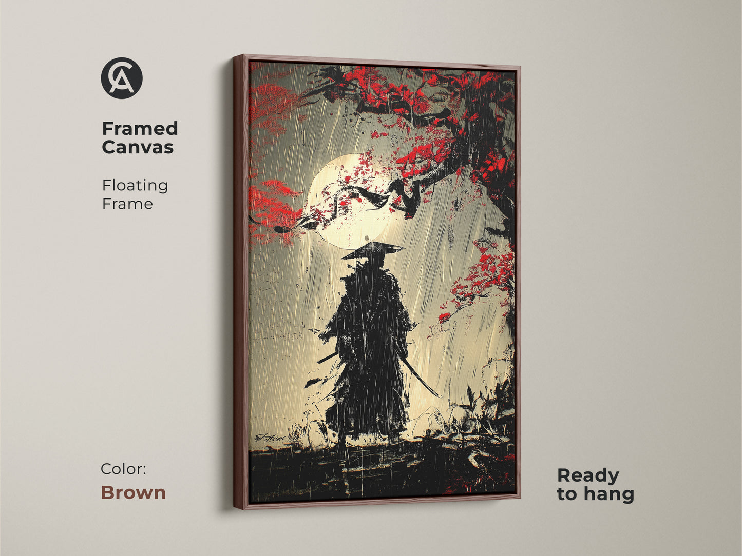 A framed canvas shows a samurai warrior in a moonlit rainy scene. The Ukiyo-e style painting has a floating brown frame. This Japanese art wall decor is ready to hang. This warrior silhouette art is perfect as office art. The traditional warrior painting is striking.
