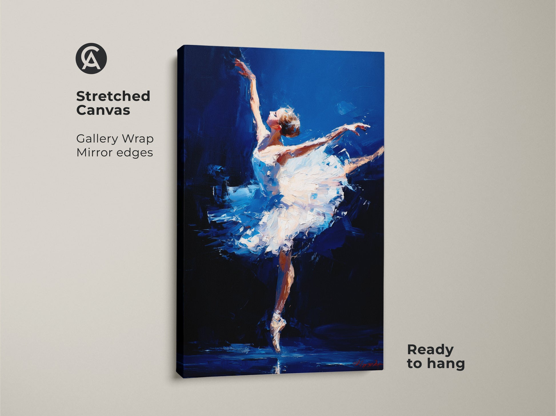 Stretched canvas artwork of a ballerina dancing. Gallery wrapped with mirror edges this artwork is ready to hang. The painting features a dancer in a white tutu against a blue background. This is a stunning piece for ballet lovers looking to add grace to their home decor. Get yours today!