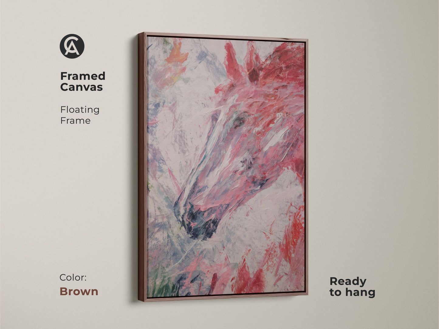 Framed canvas showcasing abstract horse head art with a floating brown frame. The artwork is a modern equestrian piece. It adds a contemporary feel to any room. The canvas print features pink red and white brush strokes. It is a unique horse lover gift idea and is ready to hang.