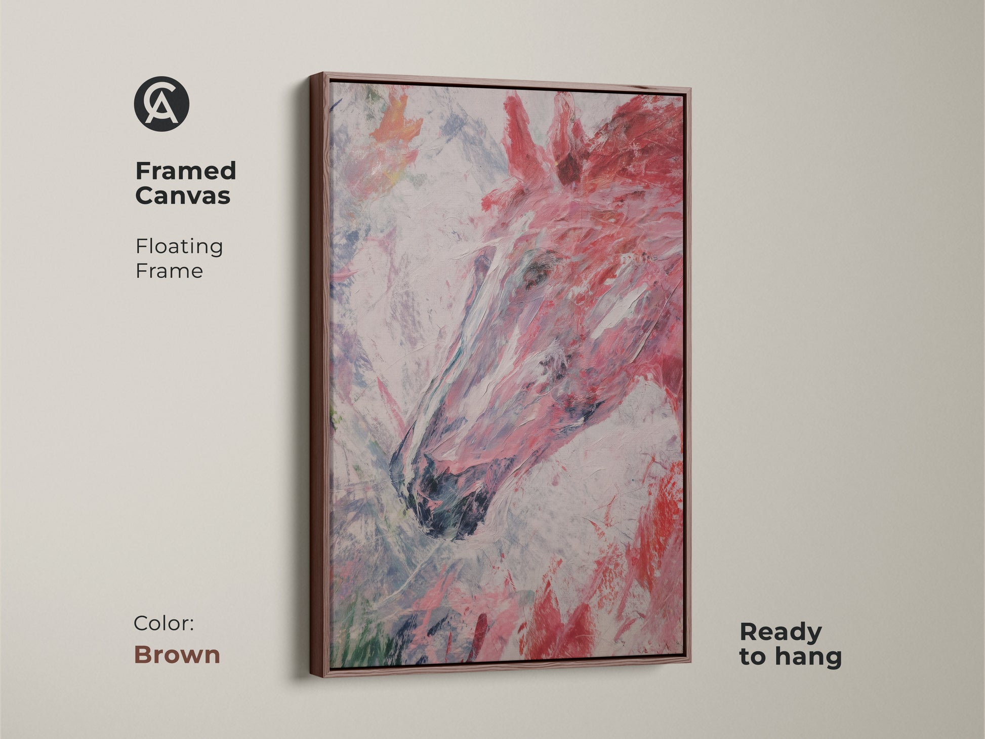 Framed canvas showcasing abstract horse head art with a floating brown frame. The artwork is a modern equestrian piece. It adds a contemporary feel to any room. The canvas print features pink red and white brush strokes. It is a unique horse lover gift idea and is ready to hang.