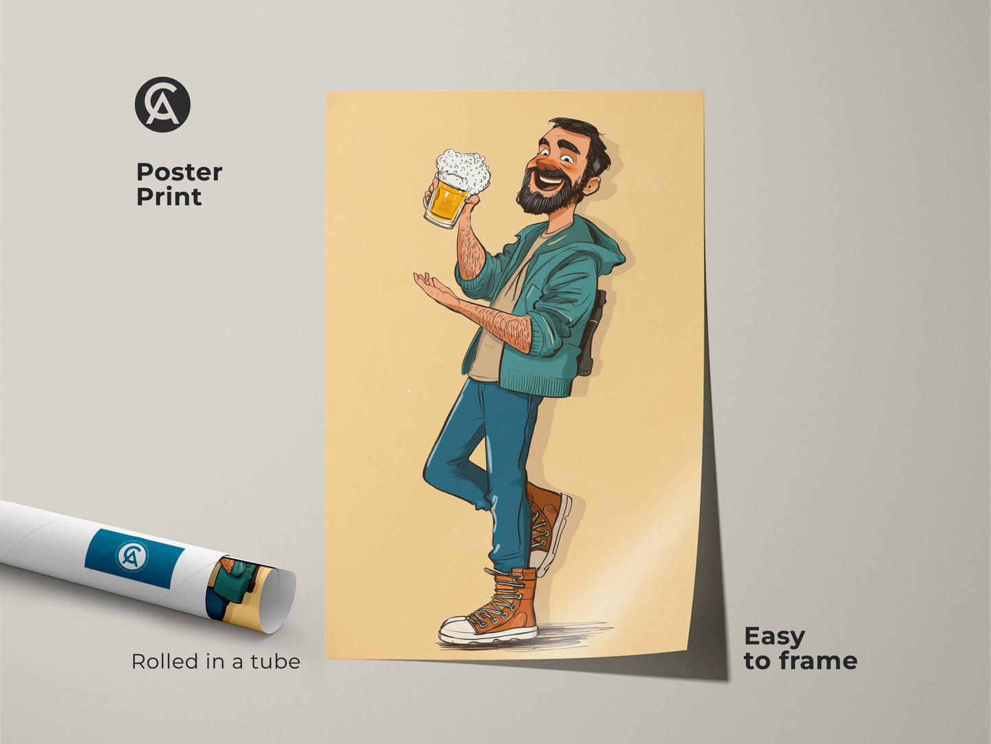 Poster print featuring a cartoon man with a beer. This easy-to-frame art is perfect for adding humor to your walls. Rolled in a tube it is a great gift for beer lovers. The eclectic bar art is ideal for a man cave. The yellow orange teal color will brighten your kitchen or dining area.