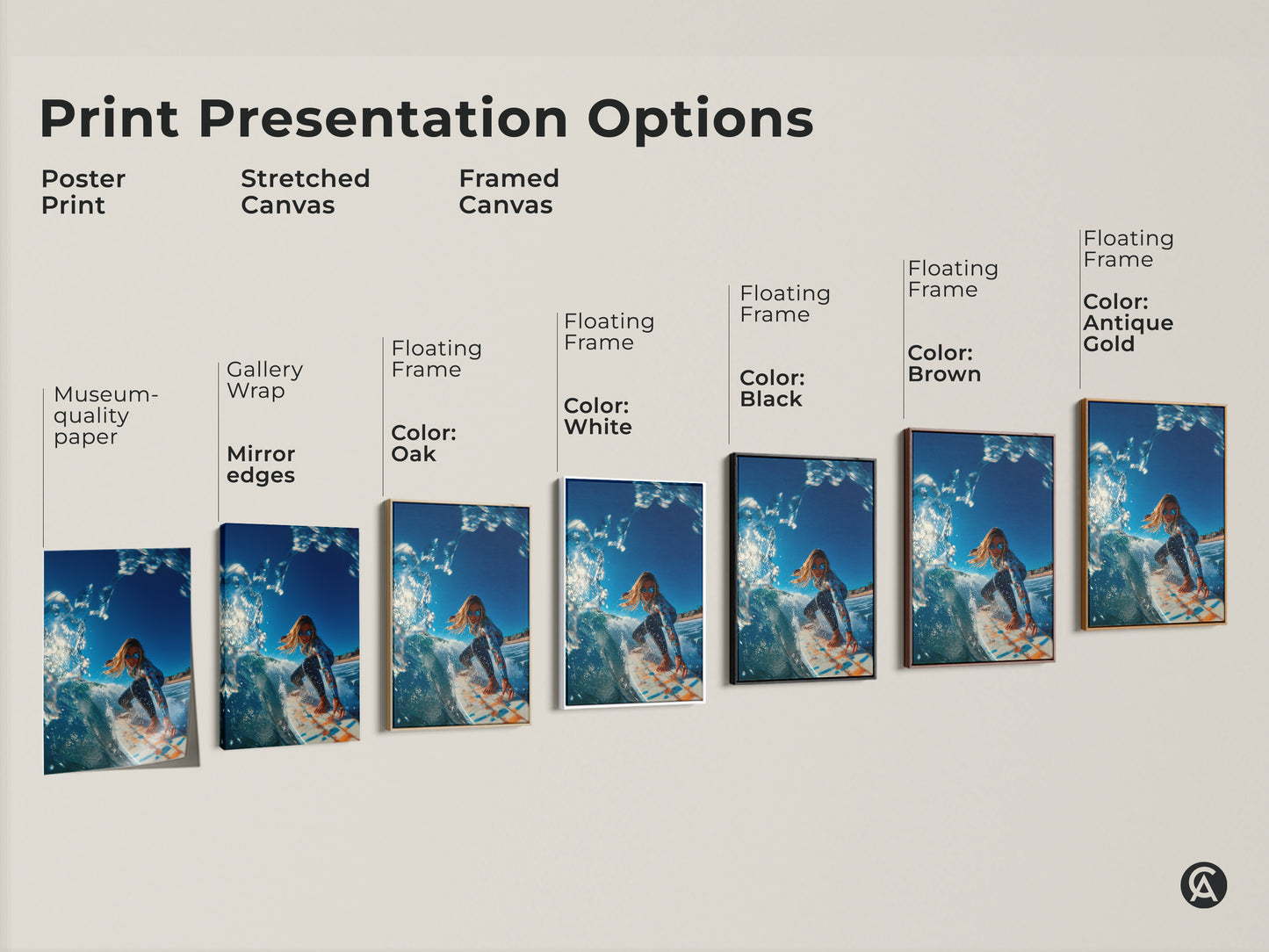 Print presentation options for surfer girl artwork. Choose from poster print stretched canvas or framed canvas. Floating frame colors include white black brown and antique gold. Find your perfect art.