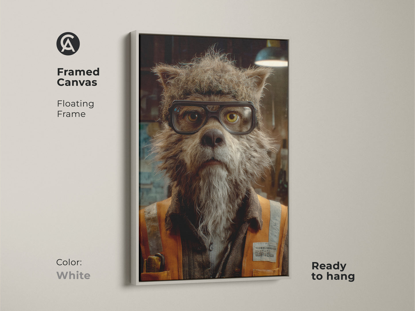 Framed canvas of a gothic wolf portrait art in a white floating frame. This dark academia wolf wall art brings eclectic style to your space. Ready to hang unique animal print perfect for study room decor. The distressed style art adds to home office inspiration.