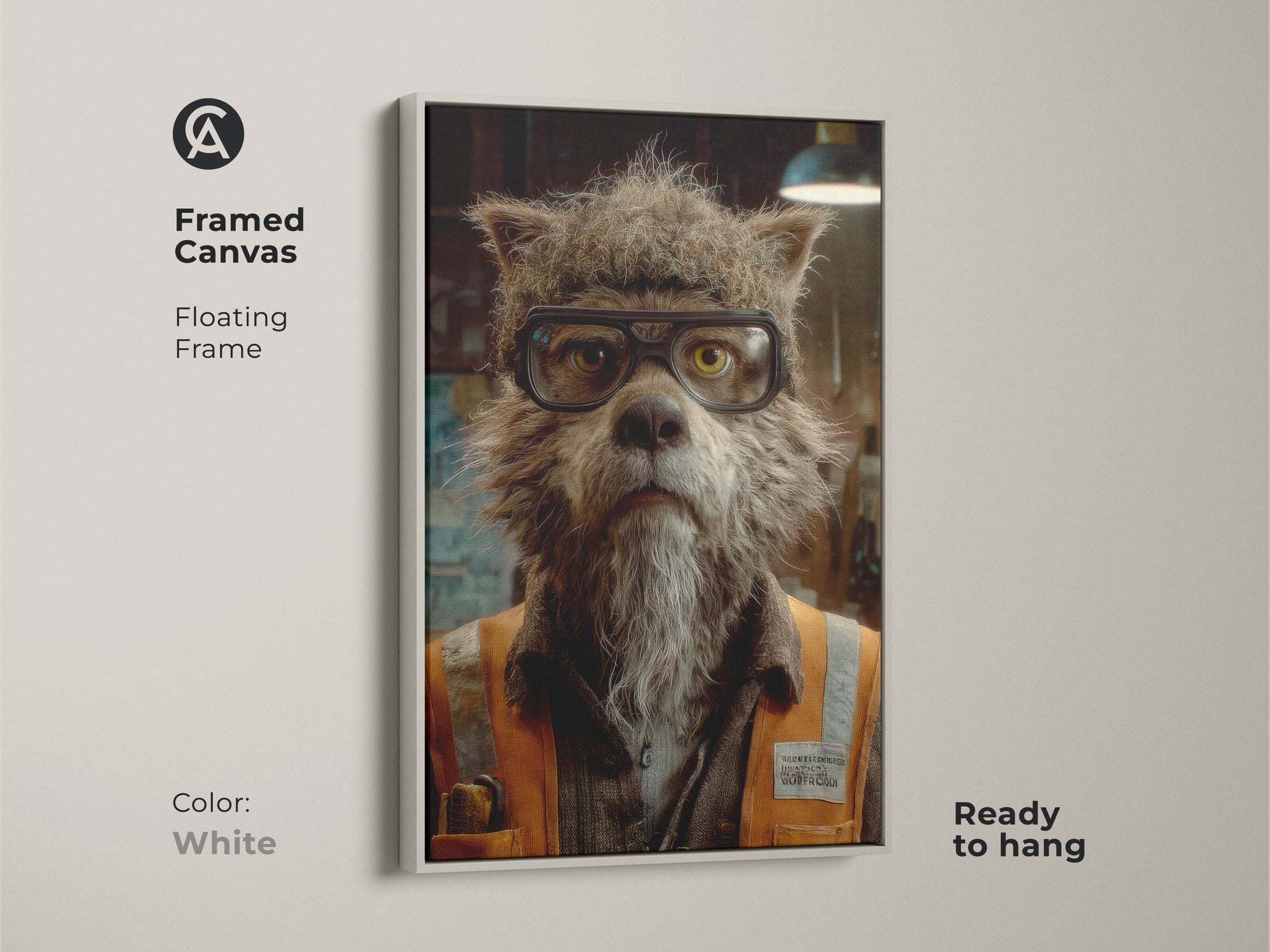 Framed canvas of a gothic wolf portrait art in a white floating frame. This dark academia wolf wall art brings eclectic style to your space. Ready to hang unique animal print perfect for study room decor. The distressed style art adds to home office inspiration.