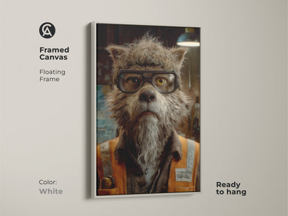 Framed canvas of a gothic wolf portrait art in a white floating frame. This dark academia wolf wall art brings eclectic style to your space. Ready to hang unique animal print perfect for study room decor. The distressed style art adds to home office inspiration.