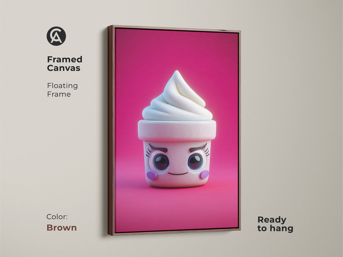 Framed canvas featuring kawaii ice cream cone artwork. This cute soft serve art is set in a brown floating frame. The pink abstract food wall art is ready to hang. It's great as kids birthday gift art.