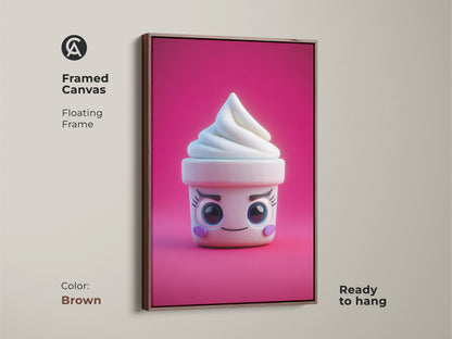 Framed canvas featuring kawaii ice cream cone artwork. This cute soft serve art is set in a brown floating frame. The pink abstract food wall art is ready to hang. It's great as kids birthday gift art.