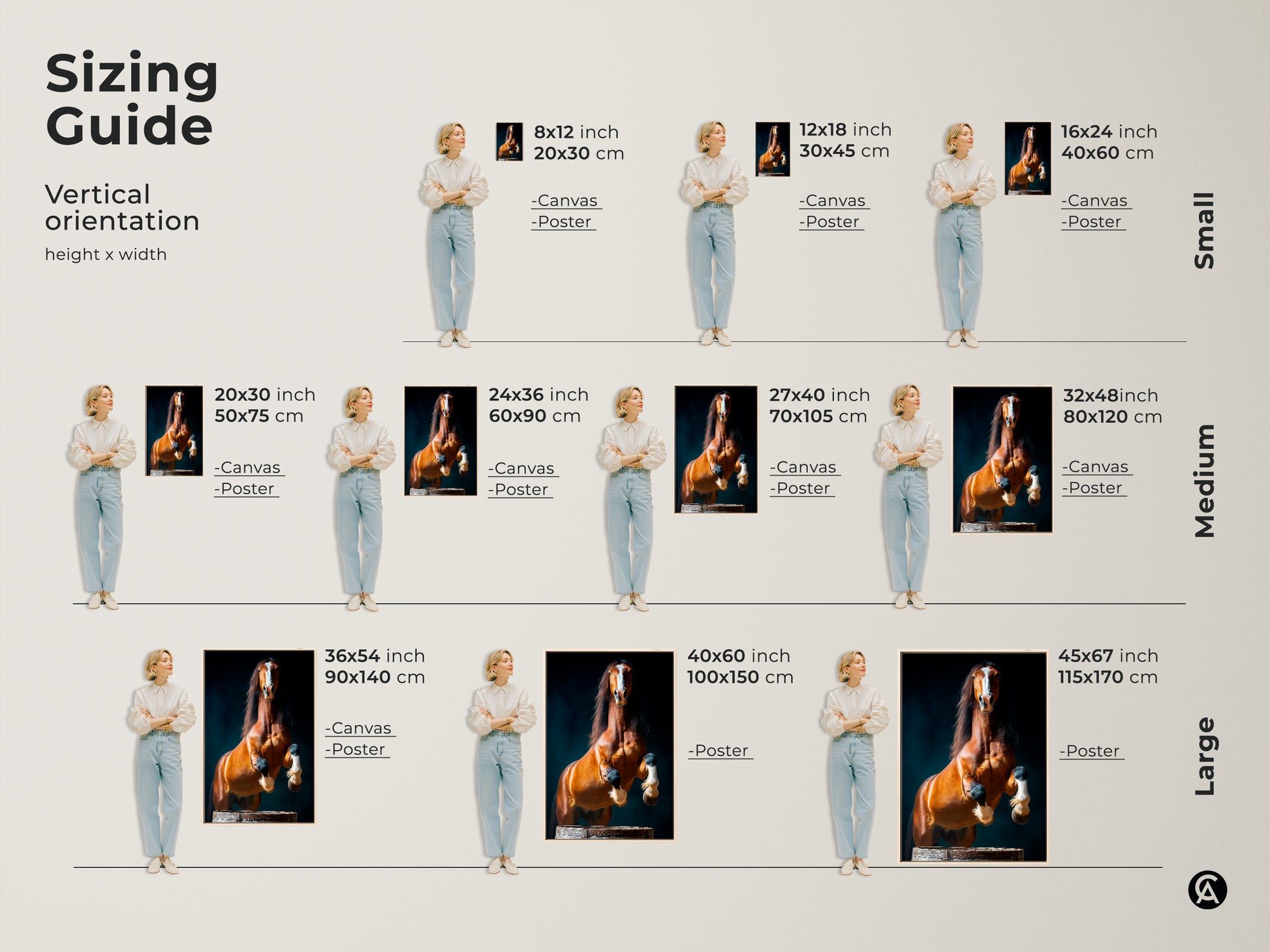 Sizing guide shows the rearing chestnut horse canvas print in vertical orientation. Various sizes are available for canvas and poster options. This is the perfect size of animal art for the living room or entry hall.