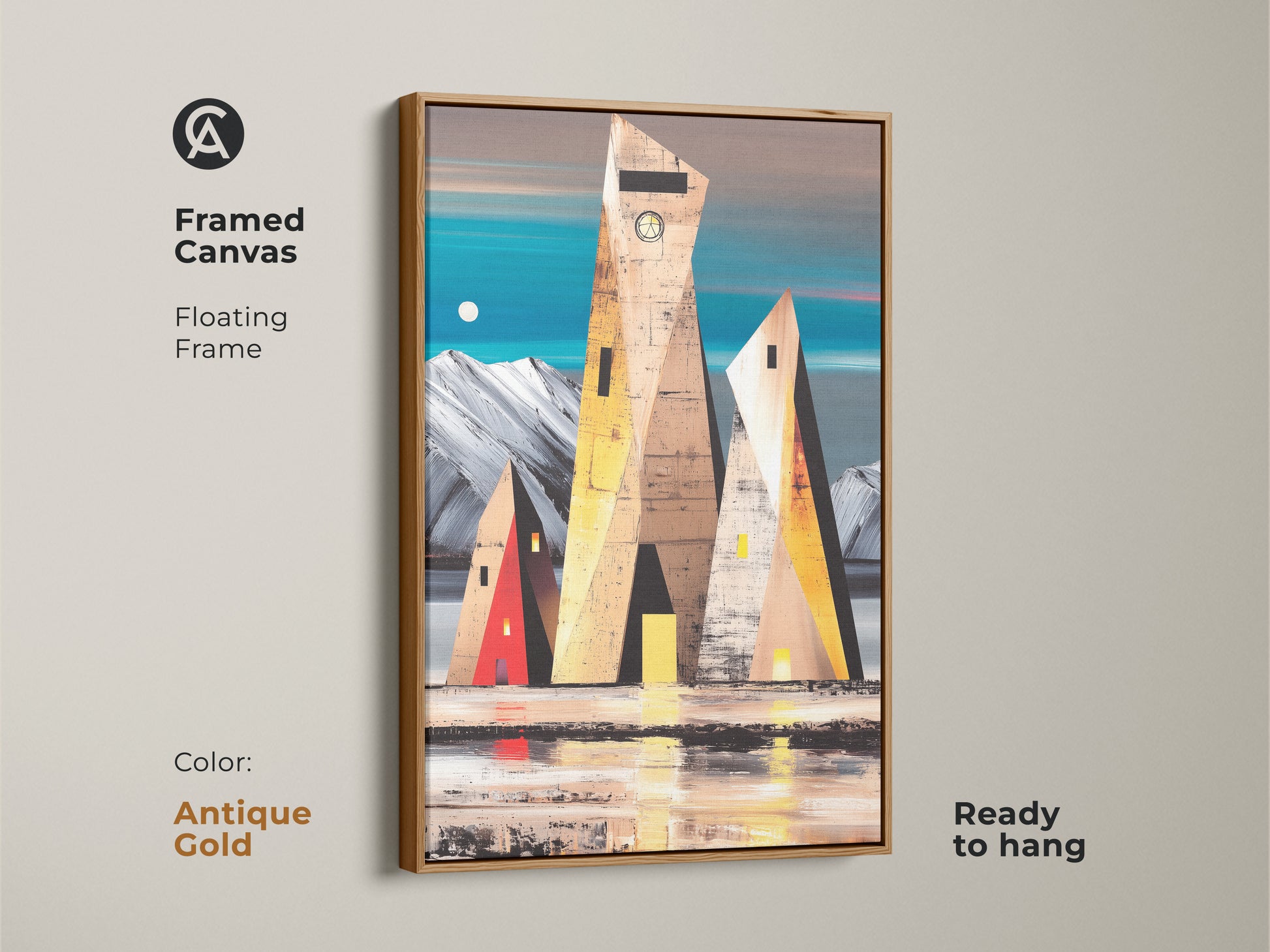 Antique gold framed canvas art displaying geometric buildings. Abstract landscape print in teal brown and yellow palette ideal for hallway decor. Sophisticated and modern art for stylish interiors.