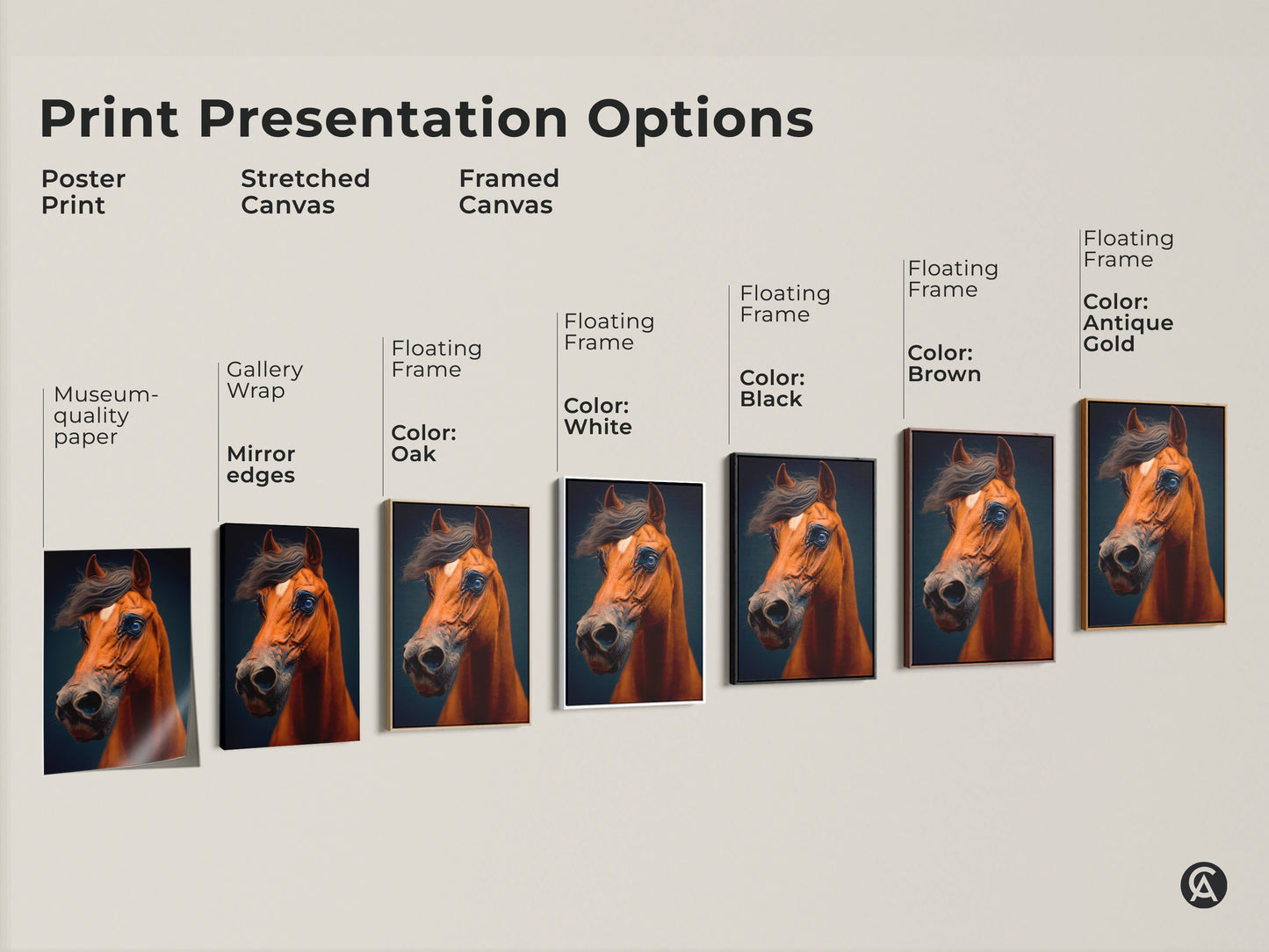 Explore the various print options for our realistic brown horse artwork. Choose from poster prints to stretched canvas or framed canvases. Find the perfect presentation to match your decor and personal style. Each option highlights the beauty of this equine portrait.