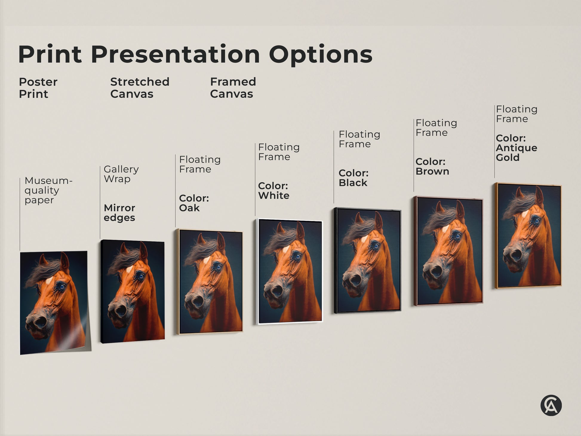 Explore the various print options for our realistic brown horse artwork. Choose from poster prints to stretched canvas or framed canvases. Find the perfect presentation to match your decor and personal style. Each option highlights the beauty of this equine portrait.
