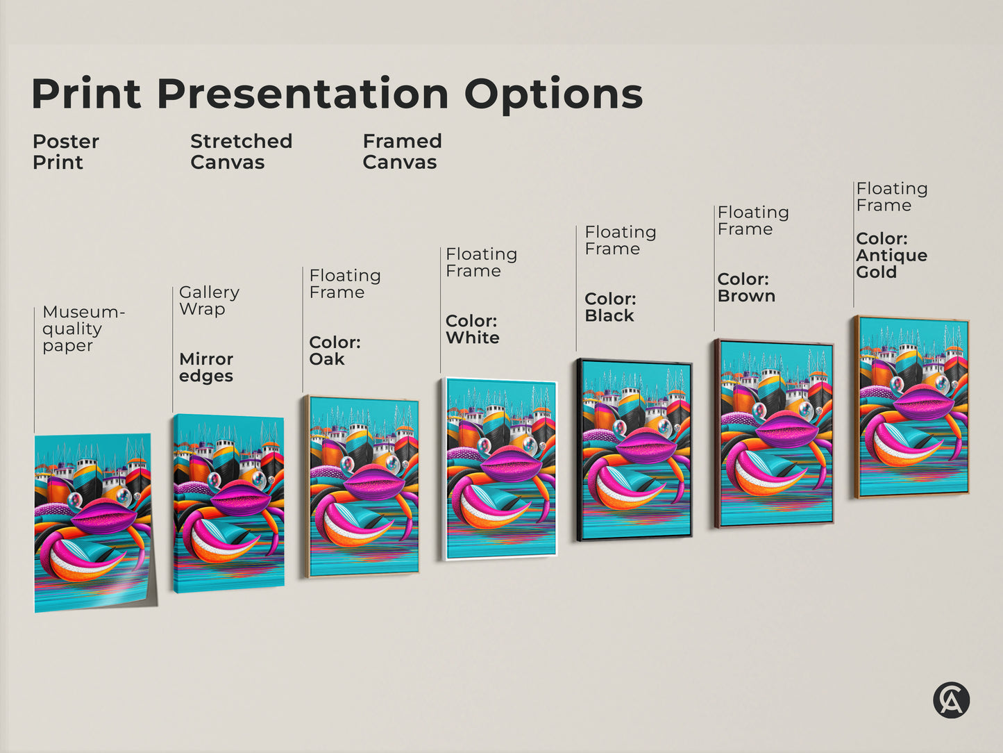 Print presentation options for Pop Art crab artwork. Poster print stretched canvas and framed canvas in various colors. Perfect for eclectic coastal decor. Aqua orange teal art for any space.