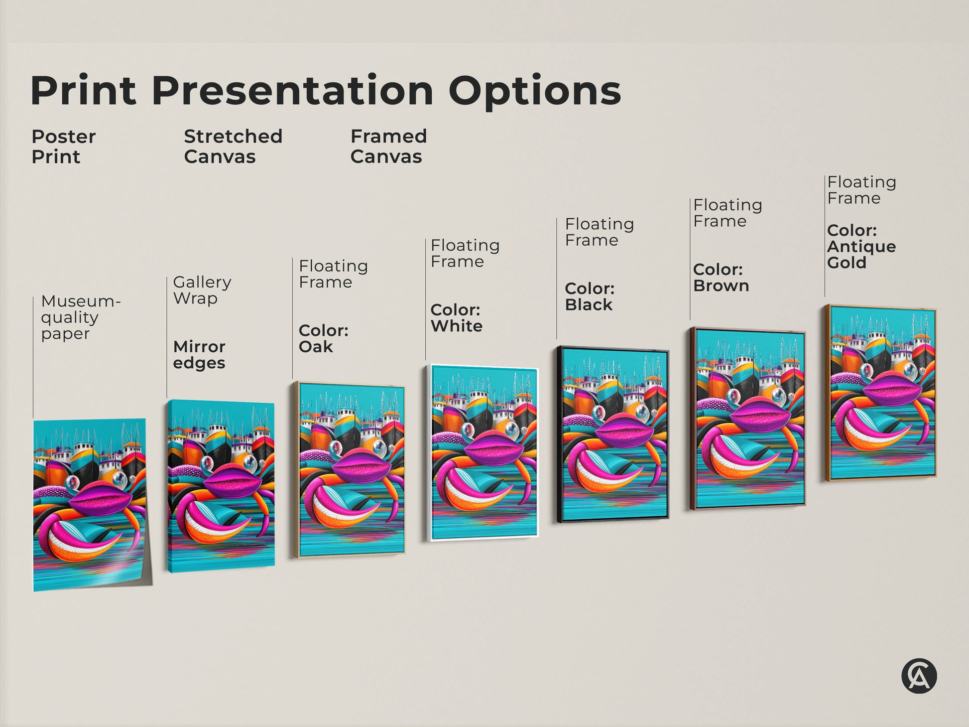 Print presentation options for Pop Art crab artwork. Poster print stretched canvas and framed canvas in various colors. Perfect for eclectic coastal decor. Aqua orange teal art for any space.