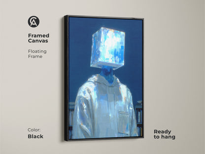 Black framed canvas art featuring a figure with a glowing blue cube head. This floating frame artwork adds a modern touch. The figure wears a white hoodie and stands by a bookshelf. The canvas is ready to hang for easy installation.
