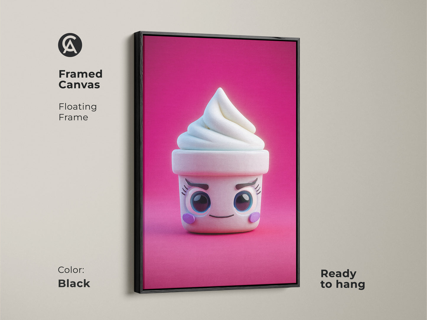 Framed canvas showcasing kawaii ice cream cone art. The cute soft serve design is set in a black floating frame. This pink abstract food wall art is ready to hang. It's perfect as kids birthday gift art.