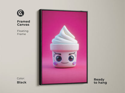 Framed canvas showcasing kawaii ice cream cone art. The cute soft serve design is set in a black floating frame. This pink abstract food wall art is ready to hang. It's perfect as kids birthday gift art.