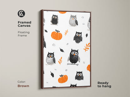 Framed Canvas in a floating frame showcasing Halloween owl and pumpkin art. This brown frame complements the whimsical nursery art. Perfect seasonal kids decor featuring cute animals wall art. The folk art print is ready to hang adding a cozy touch to any toddler room.