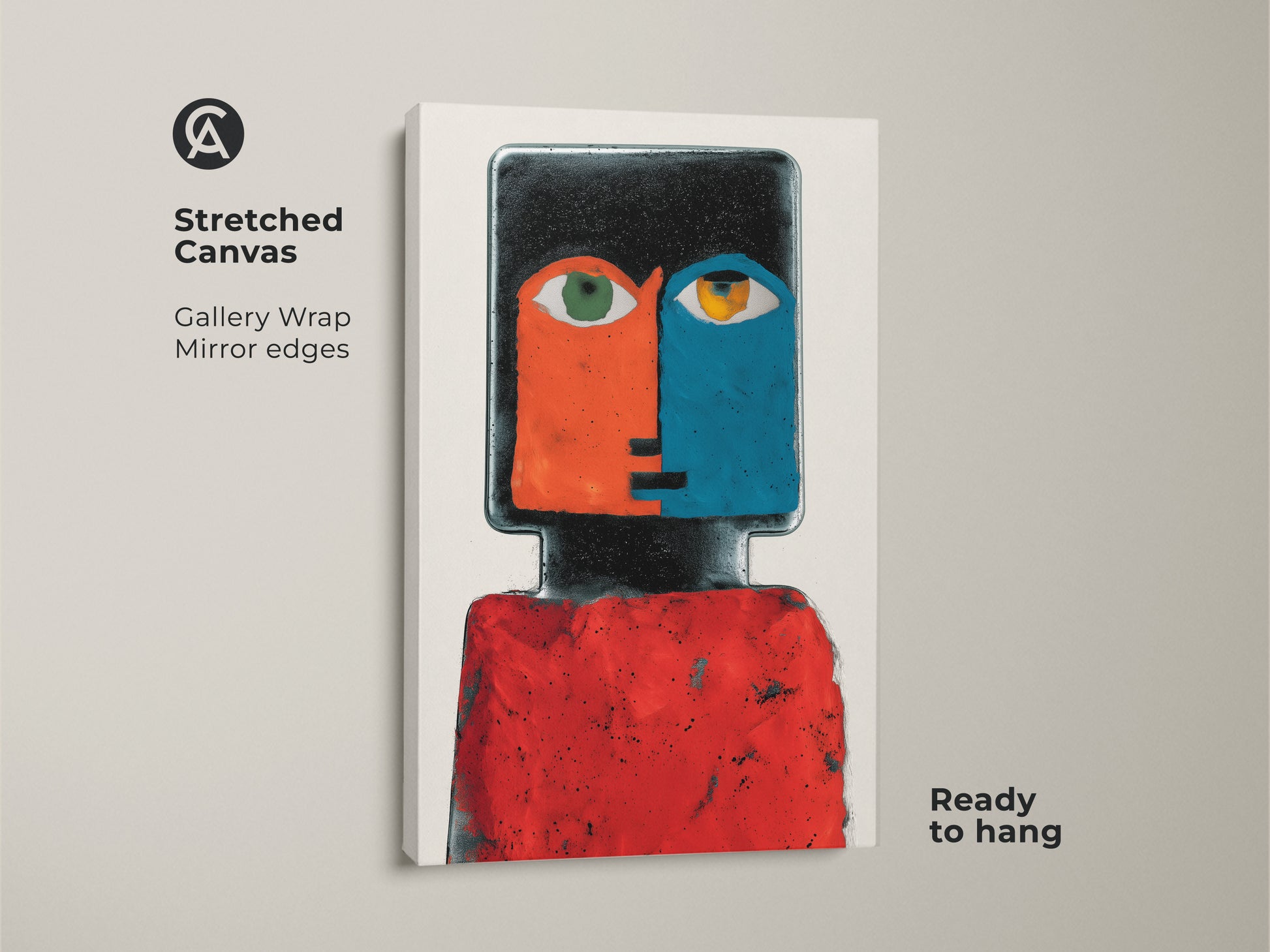 Stretched Canvas of a Contemporary Abstract Face Portrait artwork. Gallery wrapped with mirror edges. The red and blue figurative art adds eclectic charm to a modern bedroom. Ready to hang.