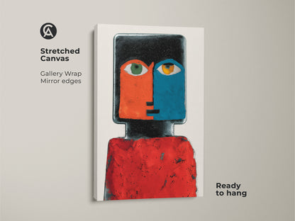 Stretched Canvas of a Contemporary Abstract Face Portrait artwork. Gallery wrapped with mirror edges. The red and blue figurative art adds eclectic charm to a modern bedroom. Ready to hang.