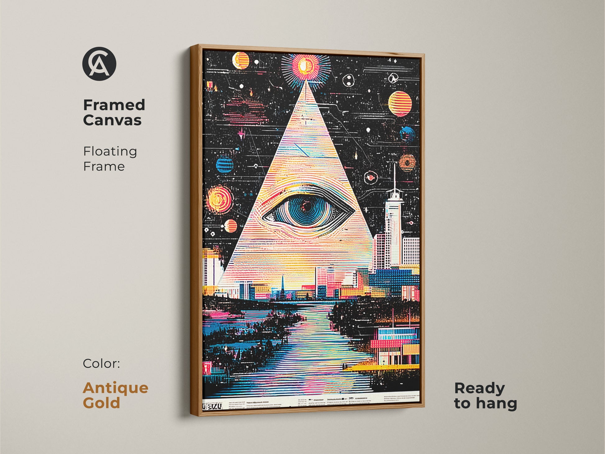 Surreal eye cityscape framed canvas. Antique gold floating frame is vibrant. This abstract space pyramid art is ready to hang. Geometric city wall decor complements eclectic home styles. Explore now!