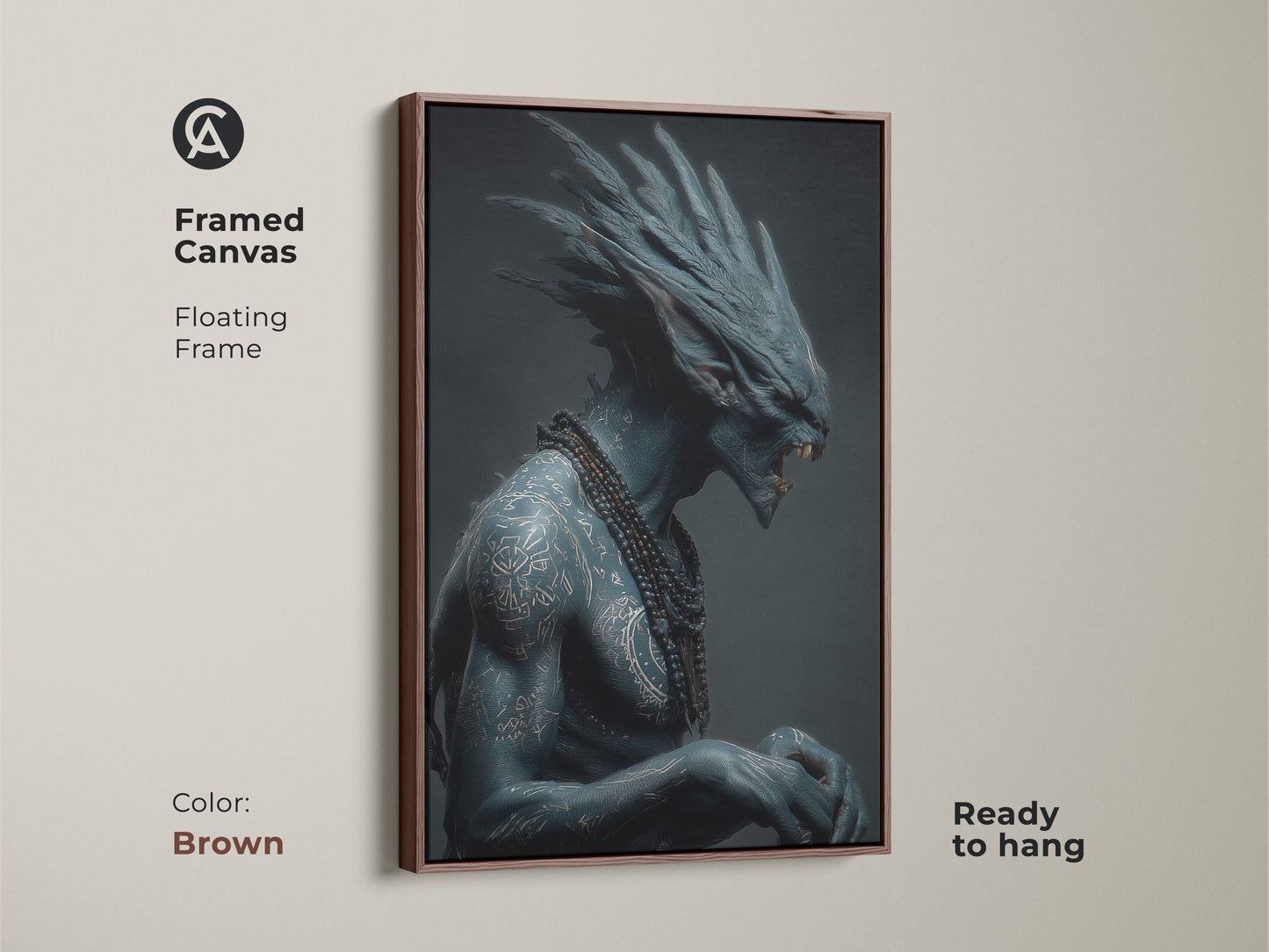 This framed canvas features a floating frame. It showcases a blue alien warrior with elaborate tattoos and a beaded necklace. The brown frame enhances the artwork's depth. It is ready to hang bringing sci-fi art to your walls.