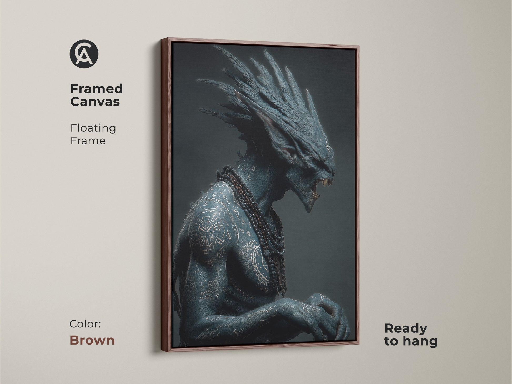 This framed canvas features a floating frame. It showcases a blue alien warrior with elaborate tattoos and a beaded necklace. The brown frame enhances the artwork's depth. It is ready to hang bringing sci-fi art to your walls.
