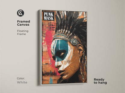 Framed canvas highlighting an abstract collage art print of a Native American Woman. The artwork merges a powerful portrait with collage elements and a feather headdress. The frame is white. Ready to hang. A unique birthday gift for art lovers. A distinctive addition to eclectic home decor.