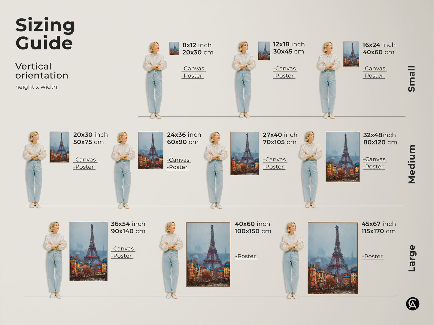 Sizing guide for Eiffel Tower art. Visual guide shows artwork in various vertical sizes. Choose between canvas or poster options. Find the perfect fit for your wall space and decor needs today.