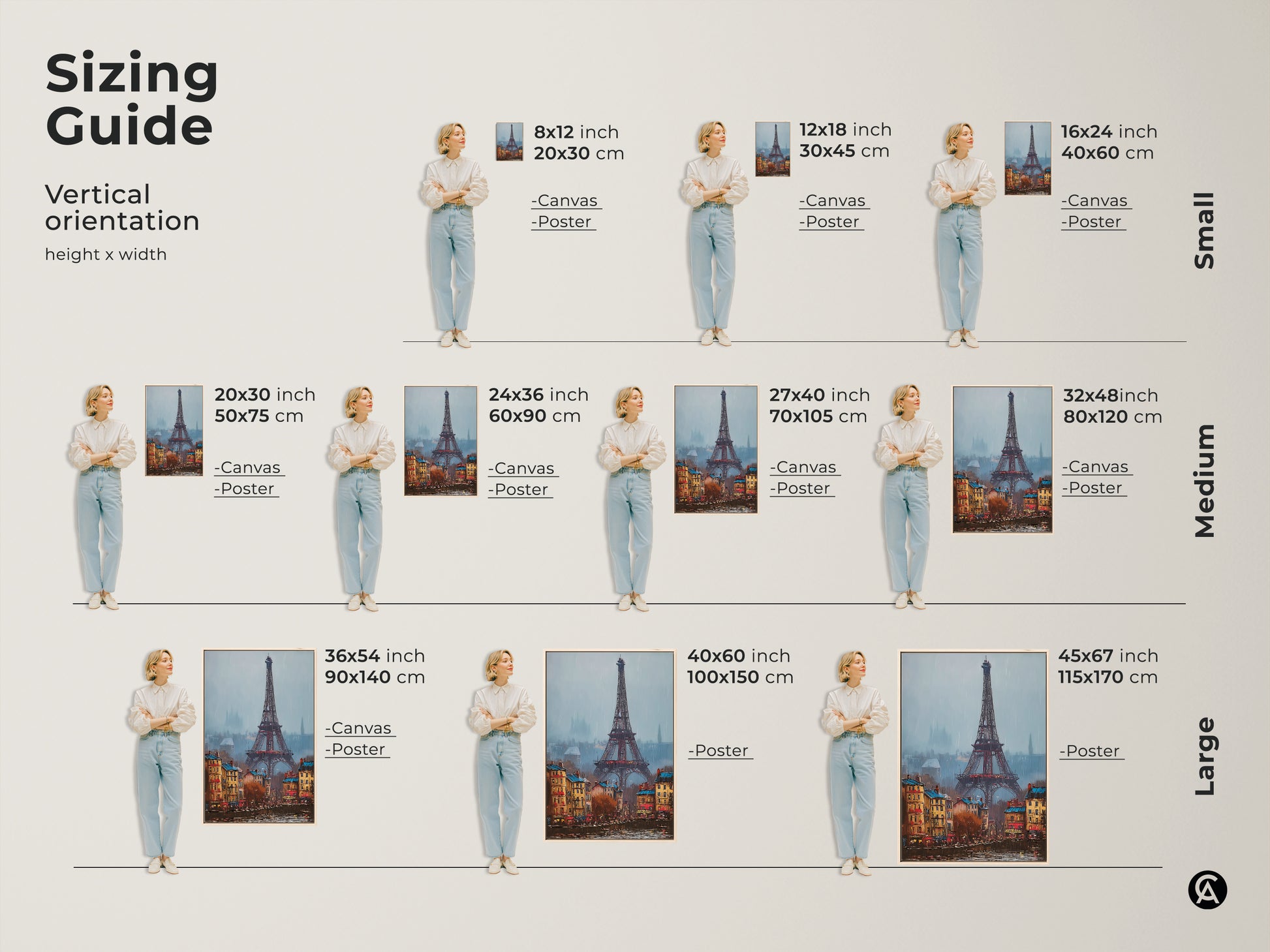 Sizing guide for Eiffel Tower art. Visual guide shows artwork in various vertical sizes. Choose between canvas or poster options. Find the perfect fit for your wall space and decor needs today.