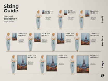 Sizing guide for Eiffel Tower art. Visual guide shows artwork in various vertical sizes. Choose between canvas or poster options. Find the perfect fit for your wall space and decor needs today.