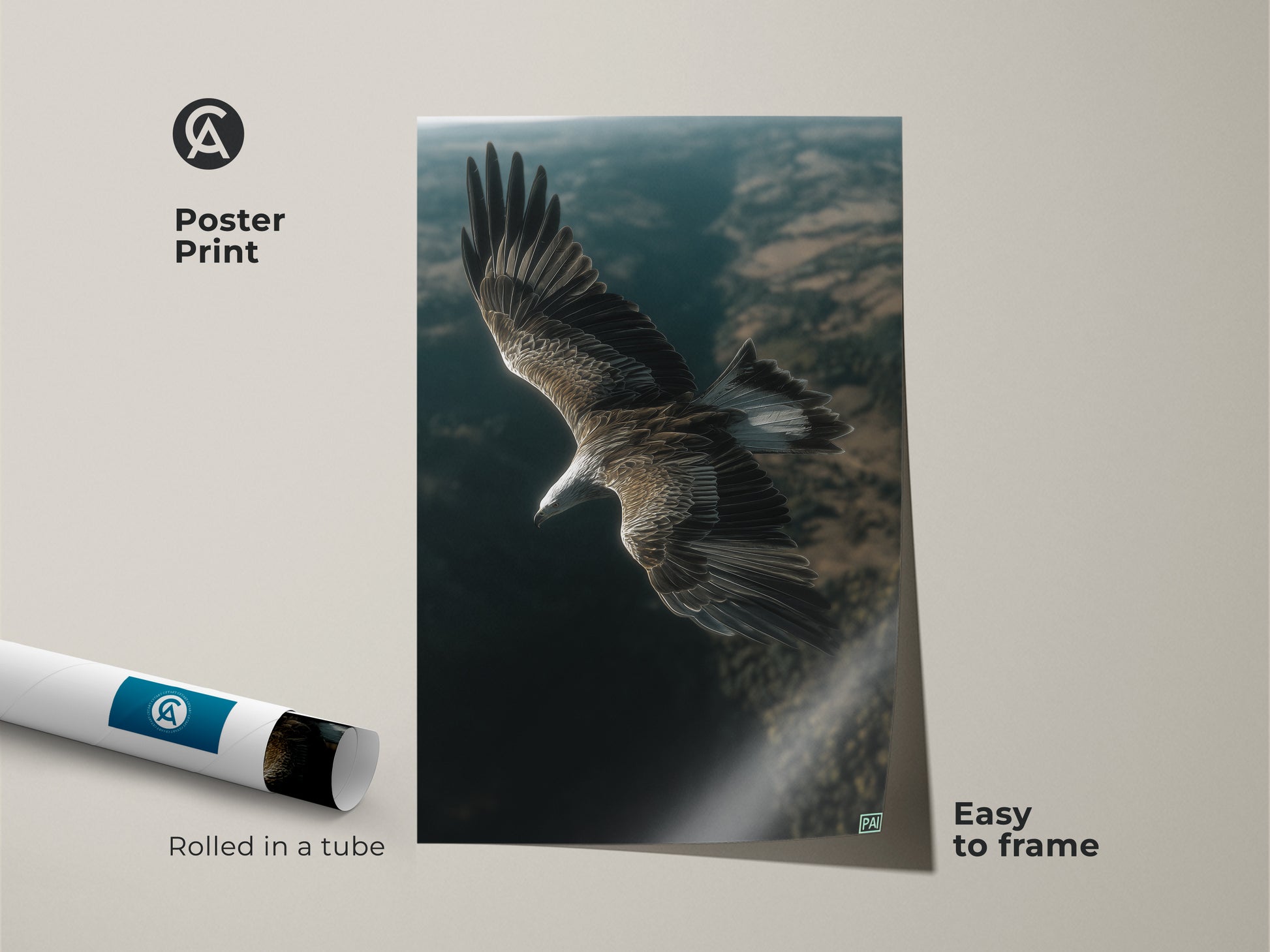 Poster print of a realistic eagle in flight. This majestic wildlife wall decor is easy to frame. Rolled in a tube for protection. Brown and green eagle art for a home office or bedroom. Bird artwork is a great gift idea.