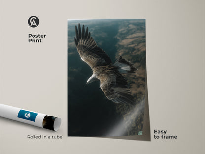 Poster print of a realistic eagle in flight. This majestic wildlife wall decor is easy to frame. Rolled in a tube for protection. Brown and green eagle art for a home office or bedroom. Bird artwork is a great gift idea.